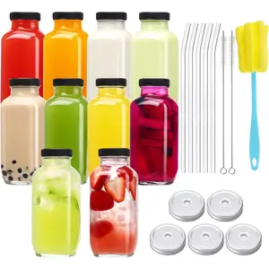 10pcs 16oz Glass Juice Bottles with Lids, Reusable Juice Containers Drinking Jars Water Cups with Brush, Glass Straws, Lids with Hole|   10pcs, with Lids, Reusable, Juice Containers, Drinking Jars, Water Cups
