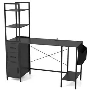 COSTWAY - Office Desk with LED Lights and Power Outlets Computer Desk with Open Shelves-Black