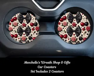 Bows & Cherries Colorful Print Neoprene/Ceramic Car Coasters, 2-Piece 2Pac 2 Pcs Set, Fits Standard Cups, Protect Cups, Stylish Functional Automotive Interior Decor
