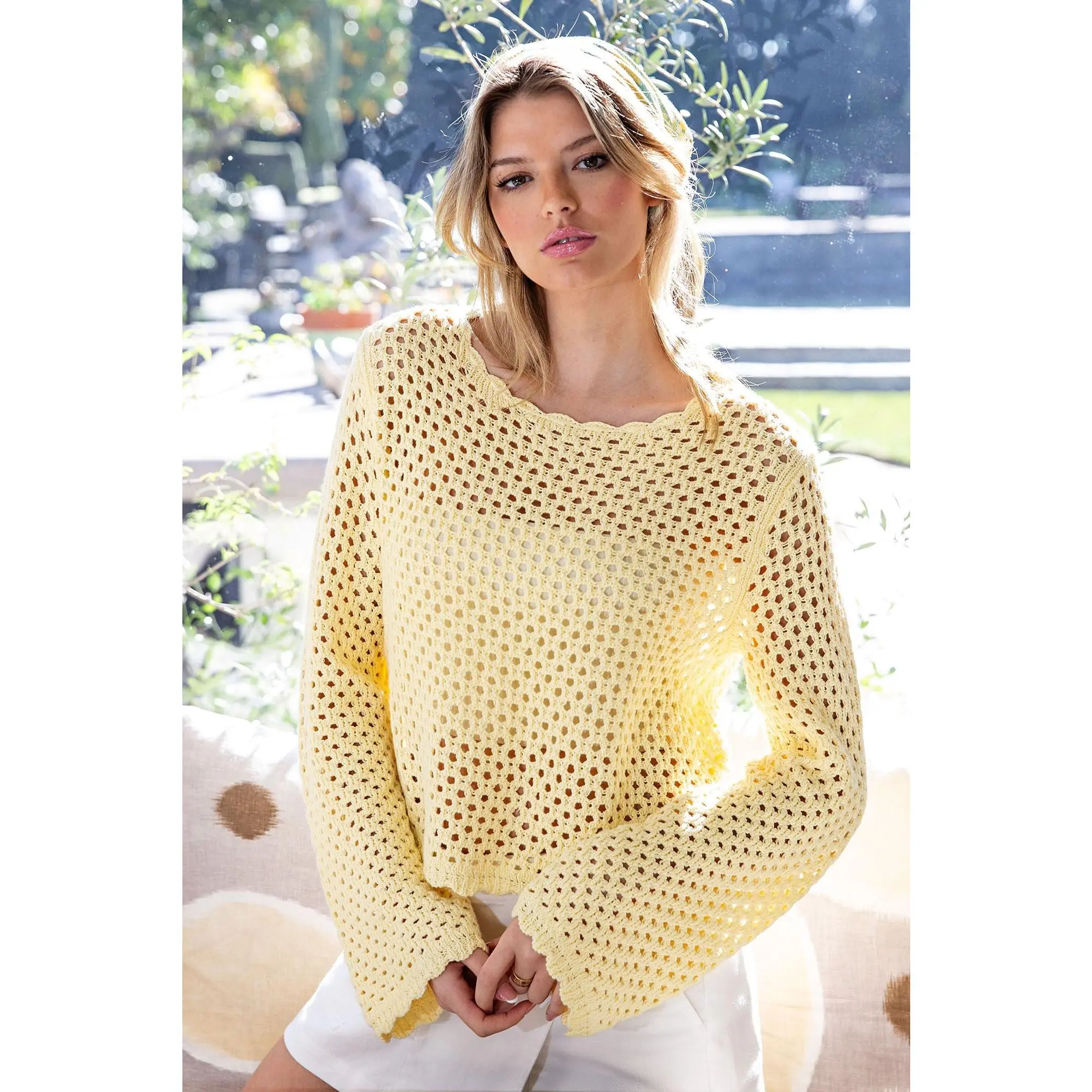 Crochet Open Knit Scallop Trim Sweater