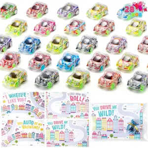 28 PCS Valentines Day Gift Cards with Fresh Color Transparent Cars for Valentine Party Favor, Classroom Exchange Prize, Greeting Cards