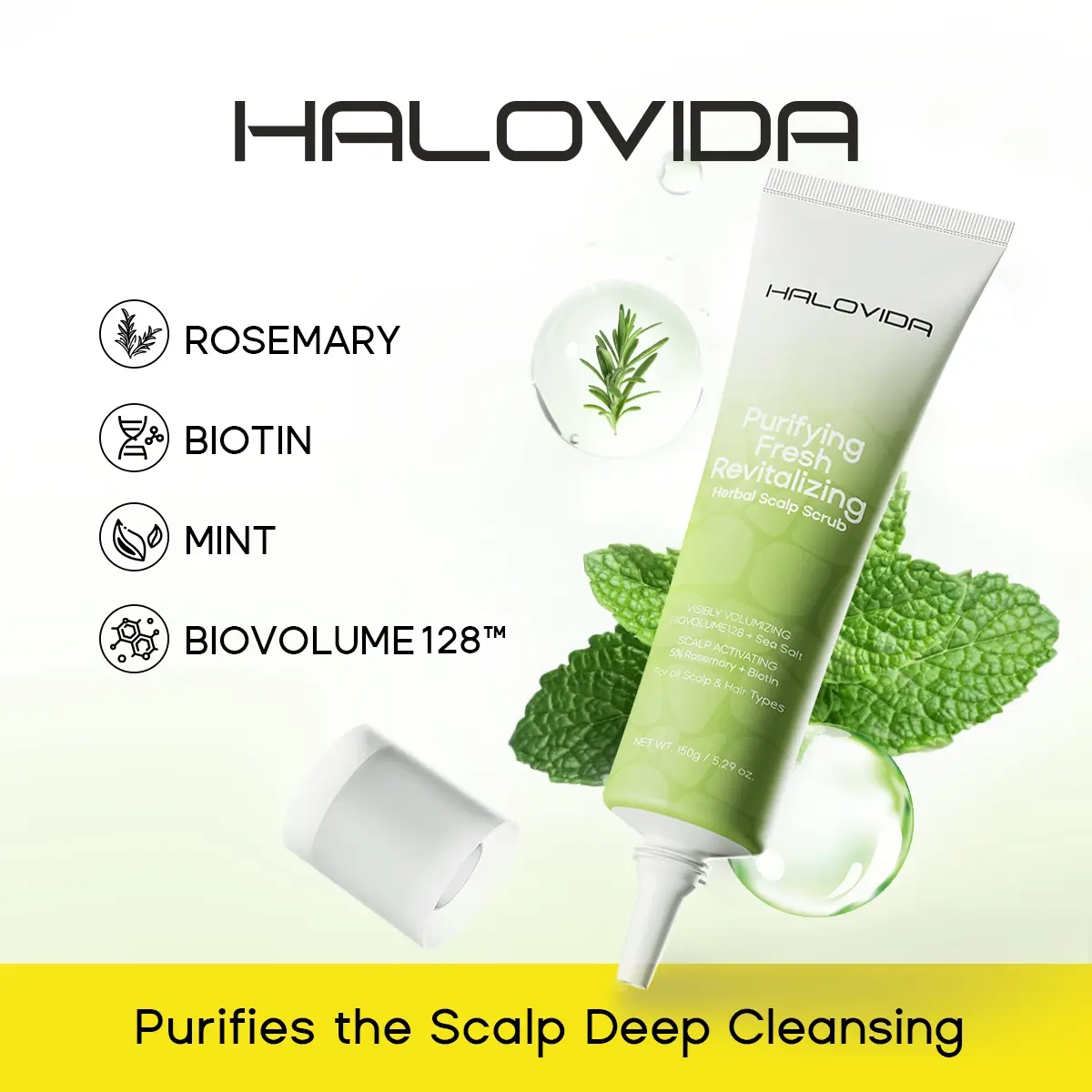 HALOVIDA BIOVOLUME128,Biotin,Rosemary Mint Herbal Scalp Scrub shampoo for Scalp Calming,Natural Volume Boosting,Deep Cleanser, & hair Refreshing All In One ,Paraben Free,Gentle formula for all types, 150g