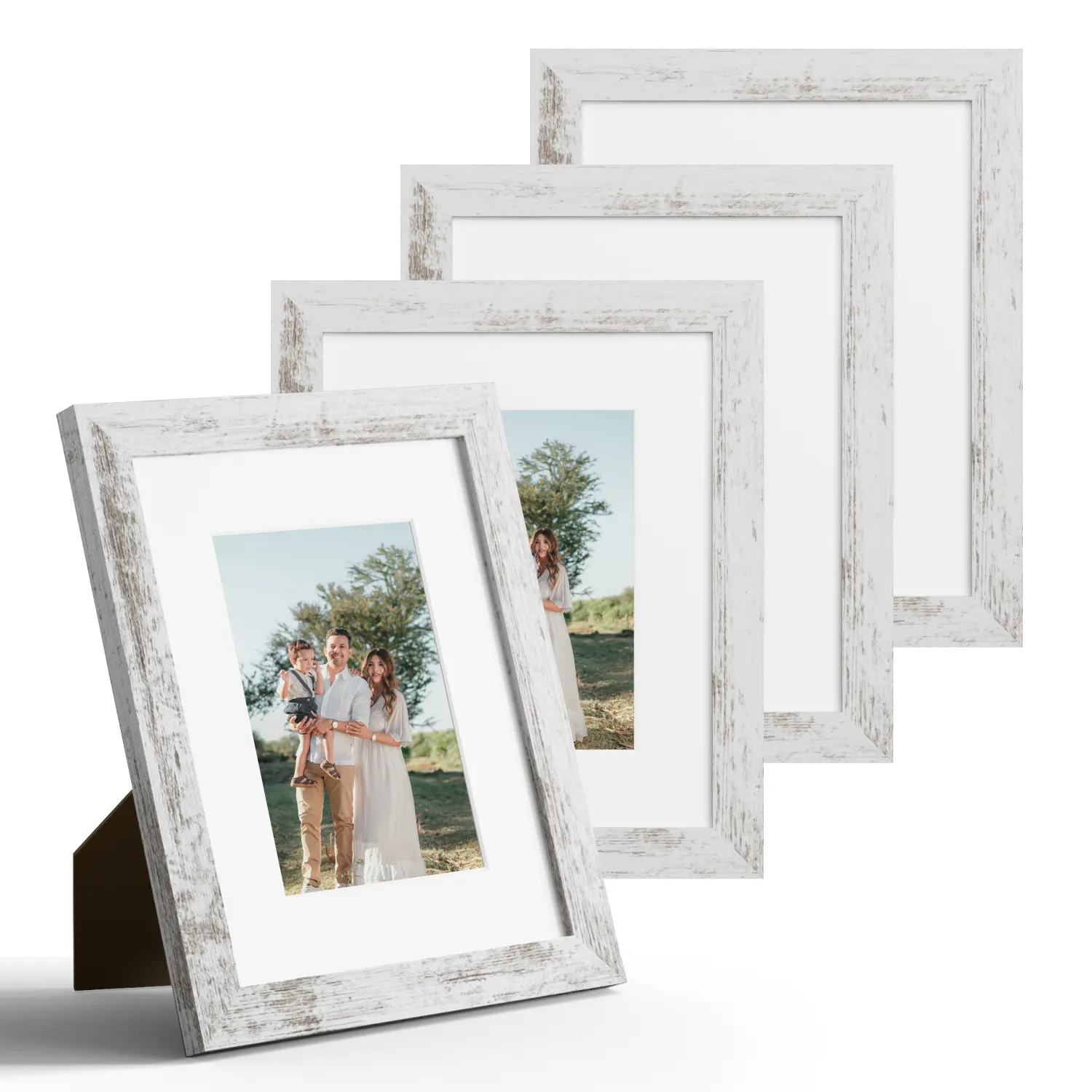 4x6/5x7/8x10/11x14Picture Frame Set of 4, Made of Real Glass and Distressed White Wooden Frame,- Display Picture 3.5x5/4x6/5x7/8x10,Without the photo mat,you can display a photo that is the same size as the outer diameter perfect for creating a photo wall