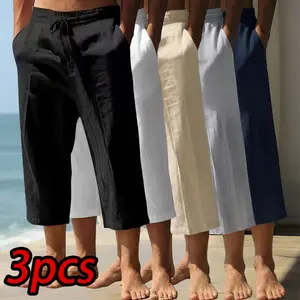 3-pack men’s summer Lyocell casual fashion drawstring straight-leg shorts (7/8 length); solid color shorts suitable for couples; minimalist and versatile; includes linen material; ideal for vacations and everyday wear.