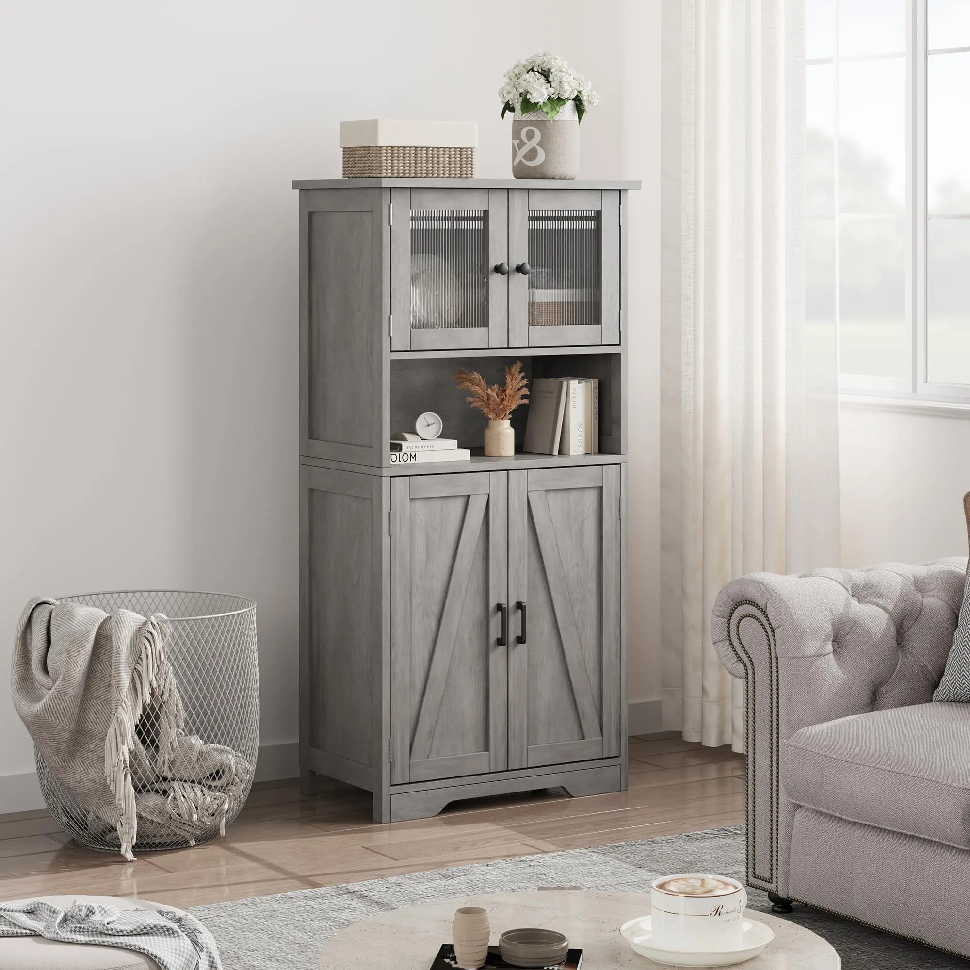 Garvee 54-Inch Tall Rustic Brown Wooden Storage Cabinet - Glass Doors, Adjustable Shelves, Hutch Bar/Pantry Cabinet for Living Room, Kitchen