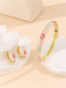 Elegant Women's Cloisonné Enamel Floral Pattern Matching Jewelry Set, Includes Earrings & Bracelet, Handcrafted Craftsmanship, Perfect Gift Idea