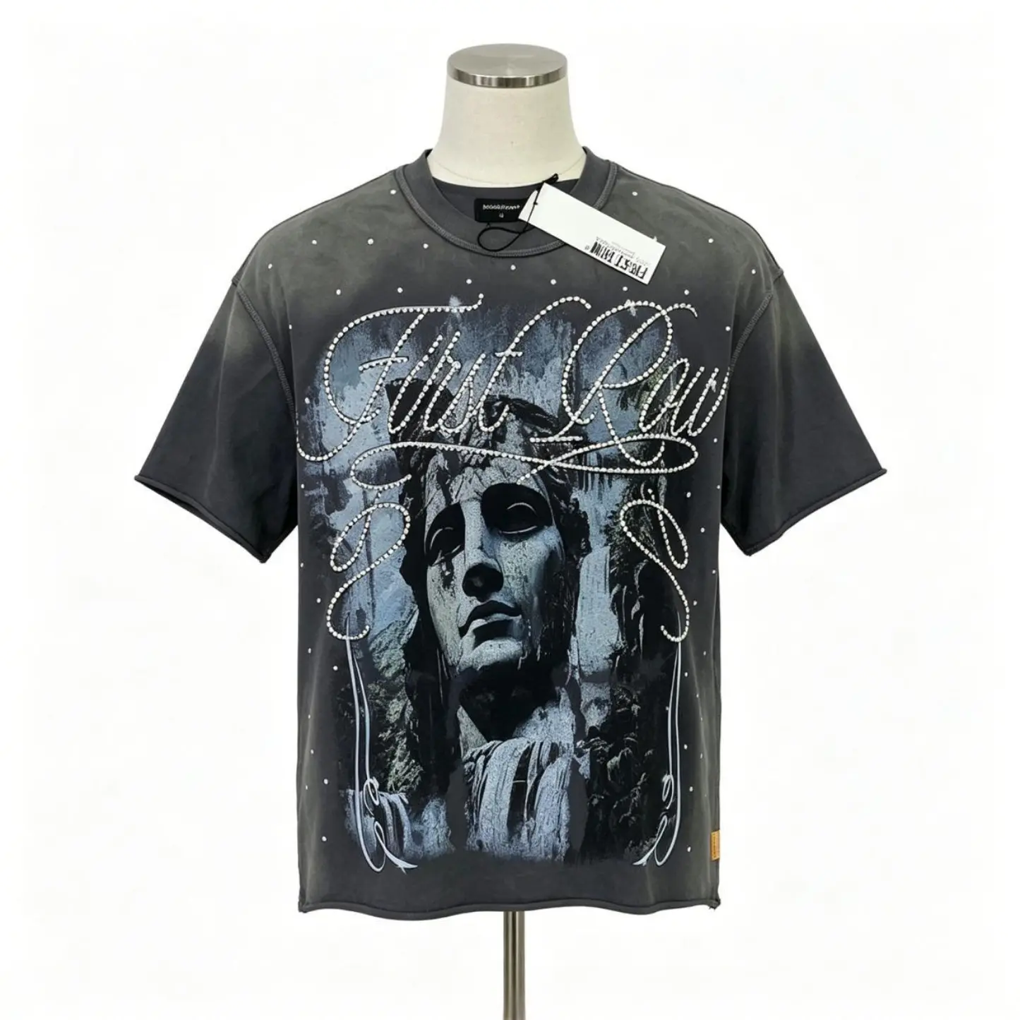 FIRST ROW Rhinestone Diamond Cropped T-Shirt Vintage Washed Oversized Streetwear Tee Men's Y2K Aesthetic Hip Hop Cotton Crew Neck Short Sleeve Summer Casual Urban Top