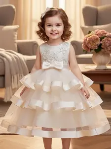 Girl's Contrast Mesh Bow Appliques Tiered Layer Fit and Flare Dress, Elegant Sleeveless Round Neck Party Princess Dress for Performance Wedding Guest, Kids Clothes for All Seasons