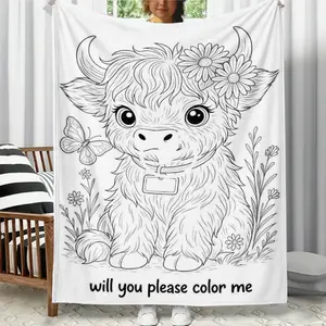 DIY Color-Fillable Highland Cow Figure Print Blanket, Custom-Dyed Soft Cozy Flannel Fleece Throw Blanket, Bedroom Decor, Ideal Gift for Children (No Markers Included), Throw Blankets