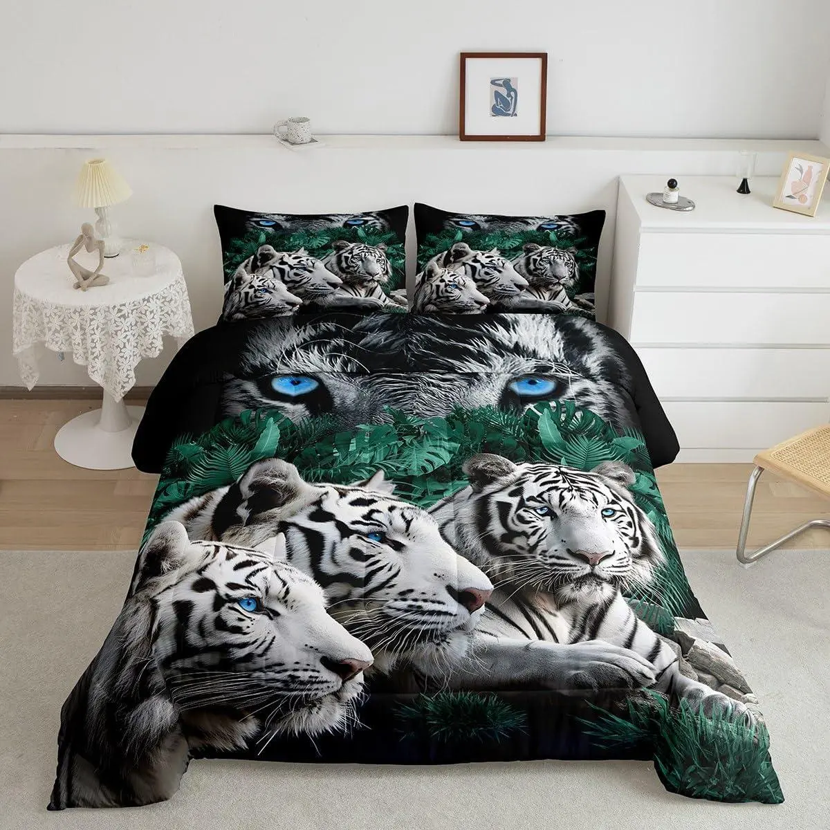 Tiger Bedding Set Wild Animal Theme Pattern Comforter Set Adults Safari Cats Comforter Soft Wildlife White Tiger Decor Quilt Set