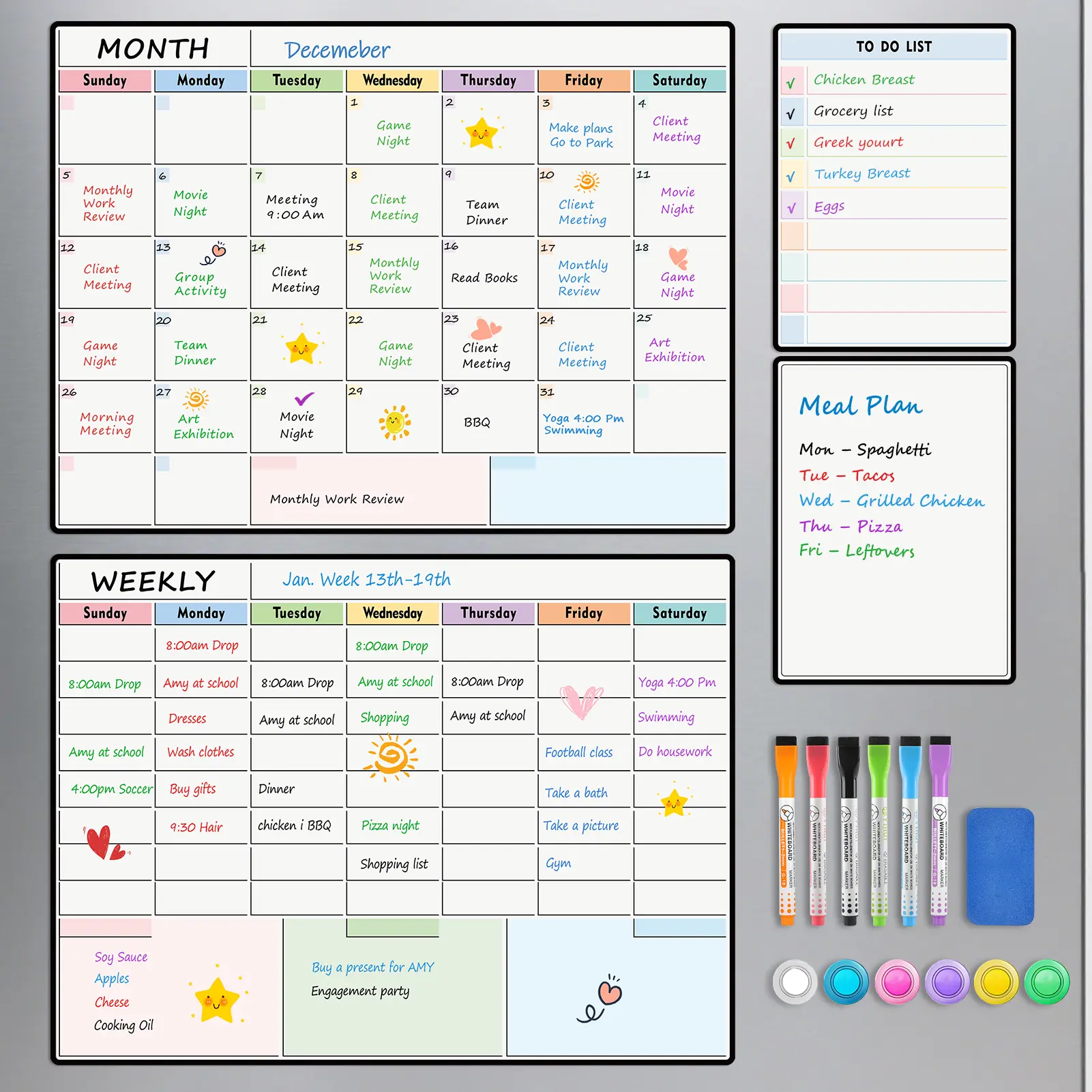 MaxGear Magnetic Dry Erase Calendar Whiteboard Set for Refrigerator - 4-Board Stain Resistant Color-Coded Planning Boards (Monthly, Weekly Family Planner, To-Do, Blank Surface), 6 Markers, 6 Magnets, 1 Easy Erasing Tool for Tracking Tasks