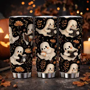 AuraCup 20oz Insulated Tumbler with Lid, Drinkware Stylish Flasks, Stainless Steel Vacuum Travel Cup, Ghost Reading Book Pattern Design, Reusable Hot and Cold Drink Mug for Coffee, Office, Halloween Aesthetic and Daily Use