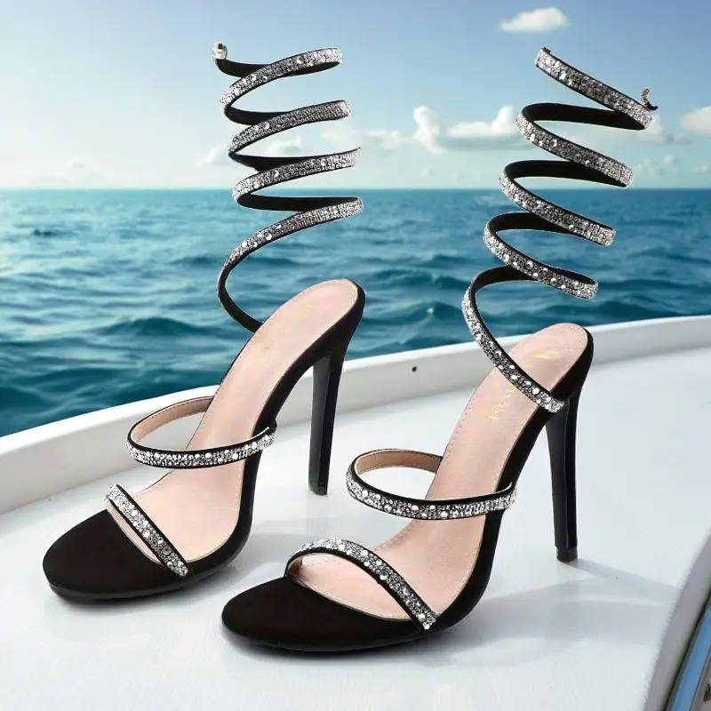 Rhinestone Sandals Sparkly Heels Ankle Wrap Strappy Shoes BD for Women Trending Rhinestone Sandals Sparkly Heels Ankle Wrap Strappy Shoes BD for Women, Stiletto, Footwear, Chunky
