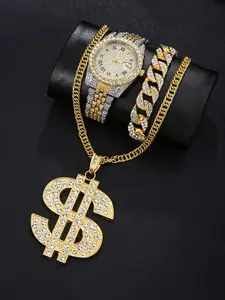 Shimmering Diamond Trendy Watch Set, Includes Dollar Pendant Necklace & Cuban Chain Bracelet, Fashionable Streetwear Accessory