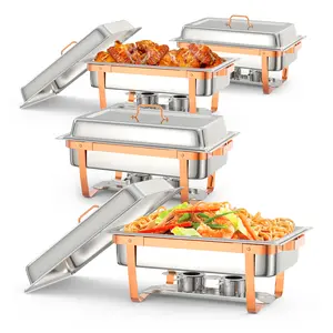 Serve in rose gold elegance with this 9-quart alcohol chafing dish. Made from 201 stainless steel with a food pan measuring 21.1 x 13 x 2.6 inches. Available as a 4-piece or 6-piece set.