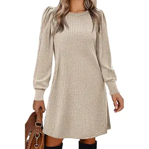 Women's Puff Sleeve Ribbed Knit Mini Dress Long Sleeve Fall Outfit Dress