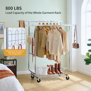 Double Clothing Garment Rack with Shelves Capacity 800lbs Clothing Racks on Wheels Rolling Clothes Rack for Hanging Clothes Heavy Duty Portable Collapsible Commercial Garment Rack ikea kallax Laundry Hangable