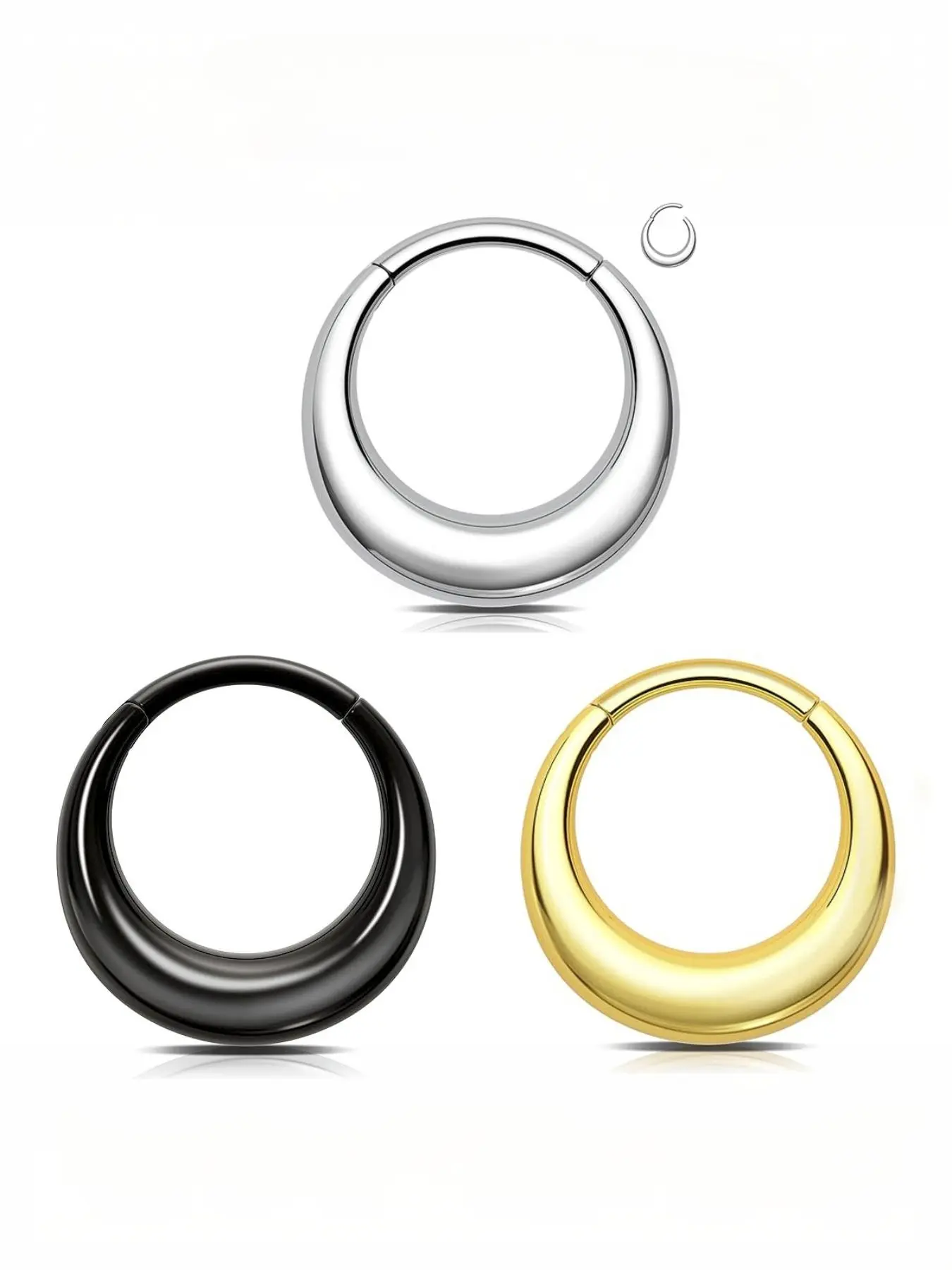 This product includes crescent-shaped nose rings, septum rings, Septum Clicker, Septum Pierced Ring, and other nose piercing jewelry.