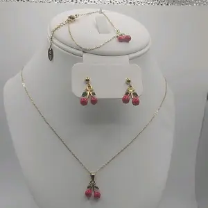 14k Gold Plated Cherry Set with Necklace Earrings and Bracelet for Women's Fashion Jewelry