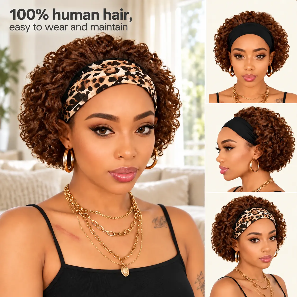 Women's 180% Density 5 Inch Short Curly Glueless Human Hair Headband Wig - 100% Brazilian Hair, No Gel, Ready‑to‑Wear, Beginner‑Friendly for Mother's Day, Holiday Gifts, 100% Human Hair