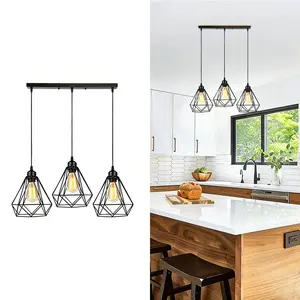 Vintage Industrial Style 3-Light Pendant Lamp, Modern Geometric Metal Cage, Adjustable Height, Suitable for Living Room, Dining Room, Bar