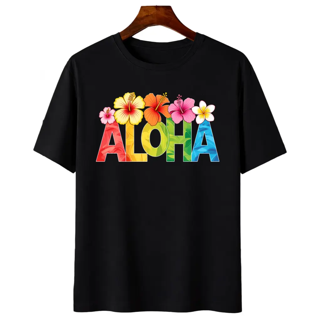 Casual Graphic T-Shirt for Women, Aloha Tropical Print Short Sleeve Crew Neck Cotton Top for Summer Streetwear, Shortsleeve, Round Neck, Machine Wash, Aloha Print, Pure Cotton