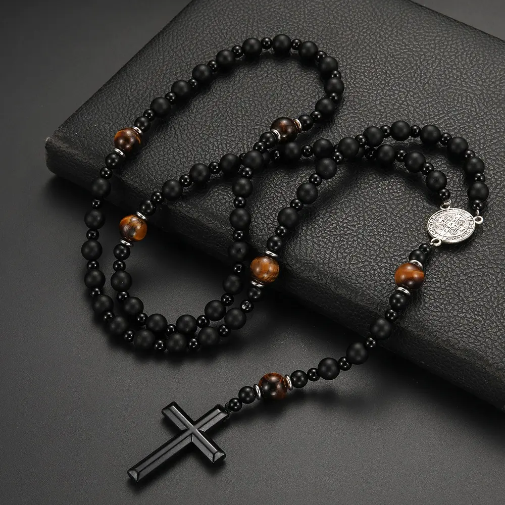 Cross-border Same Natural Stone Black Volcanic Rock Yellow Tiger Eye Iron Stone Cross Religious Men's Necklace