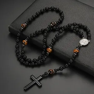Cross-border Same Natural Stone Black Volcanic Rock Yellow Tiger Eye Iron Stone Cross Religious Men's Necklace