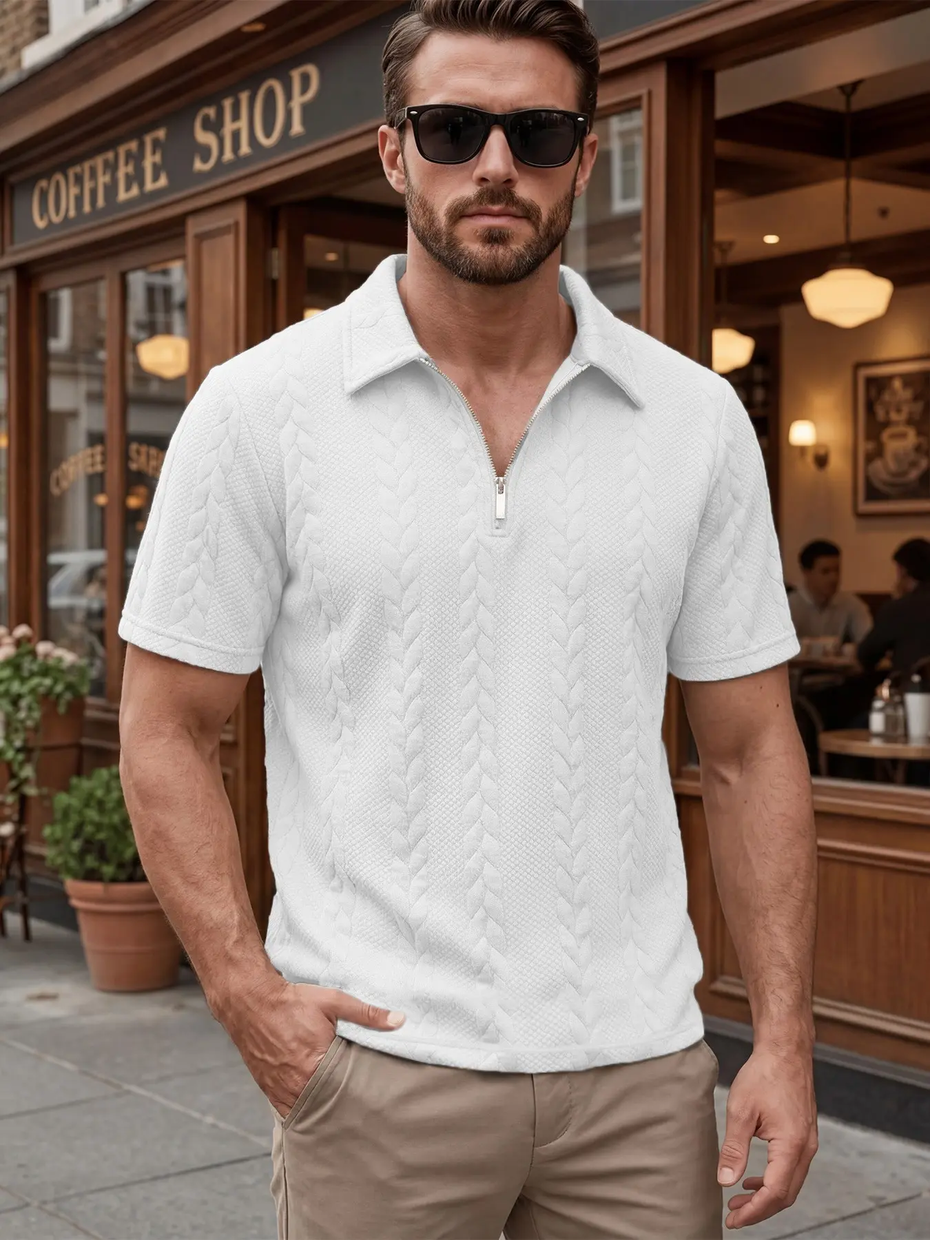 Men's Solid Knit Jacquard Short-Sleeve Polo, Slim Comfort Fit, Half-Zip Placket, Old Money Style for Summer Commute Business Casual, Classic Versatile, Today's Clearance, Focus Item, Essential for Man's Wardrobe.