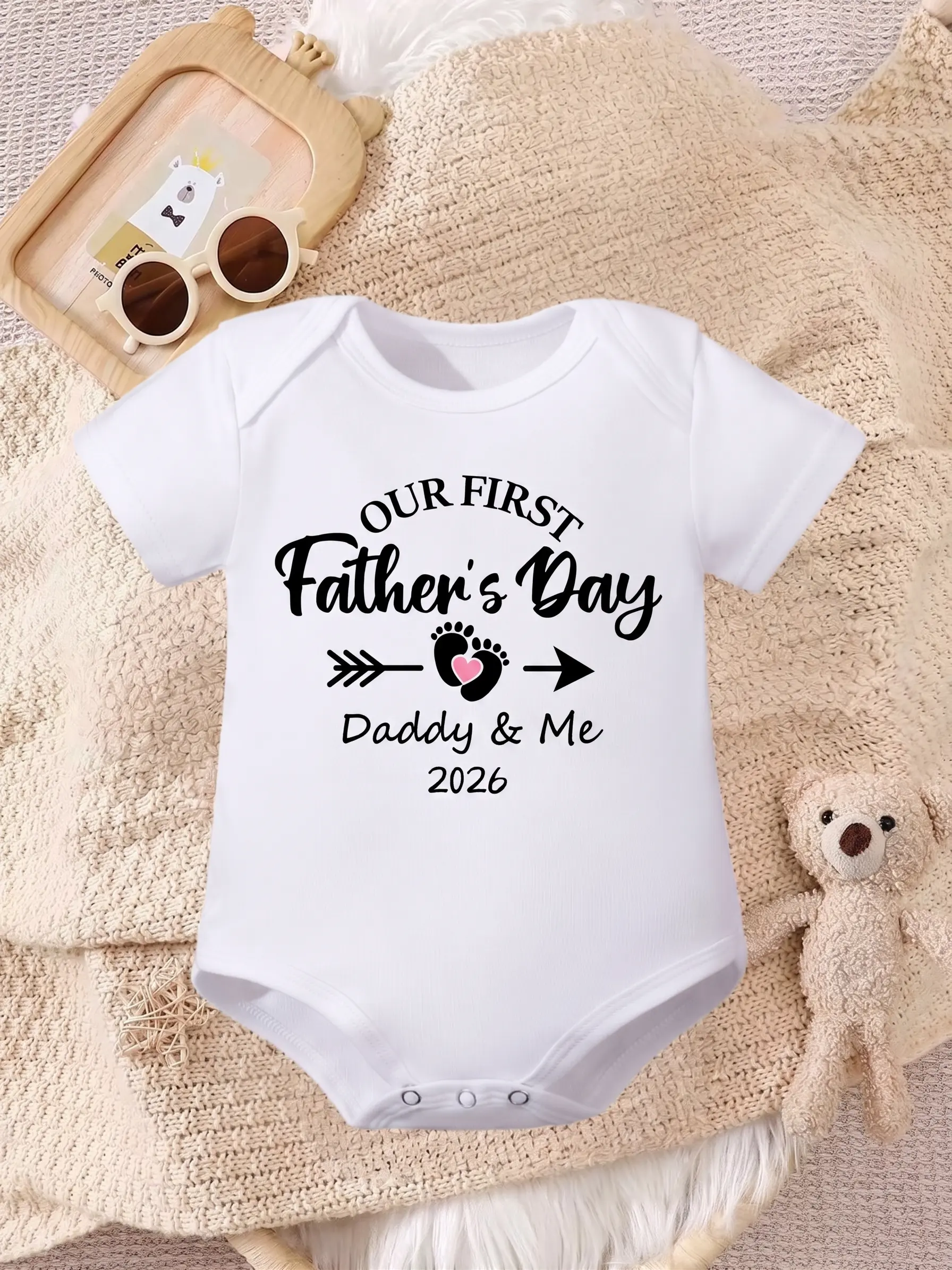 Unisex Baby Bodysuit for "Our First Father's Day 2026", Personalized Soft Cotton Short Sleeve Newborn Outfit, New Dad Gift, Baby Clothing, Baby-Safe Unisex Bodysuits & One-Pieces