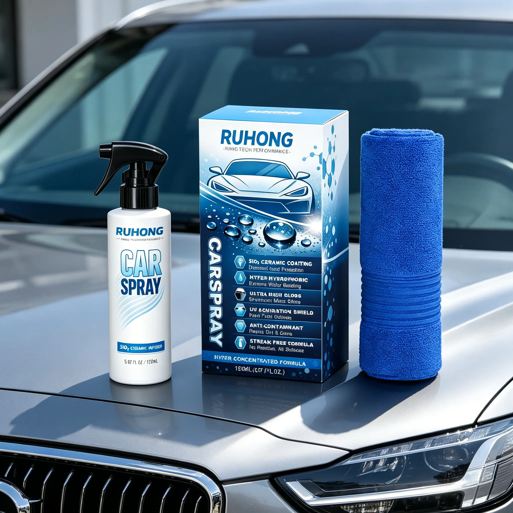 Nano Ceramic Car Coating Spray Hydrophobic High Gloss Paint Coating Car Polish Spray Quick Nano Shine Scratch Resistant Auto Detailing Car Stuff Dust Proof 150ML Pack with Microfiber Car Wash Towel