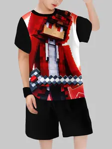 Kids, Youth Kits Black Raglan Sleeve Minecraft Style Pixel Game Character Red Hoodie Pixel Sword Print Boys Summer Short Sleeve T Shirt + Shorts Set Gamer Theme Breathable Casual Clothes for School Daily Cool Personality Kids Clothing
