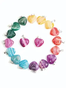 6/12pcs Striped Agate Heart Pendant Crystal Pendants, Healing Energy Chakra Decorations, Stainless Steel Chain, Home Ornament, Heart Shaped Pendant