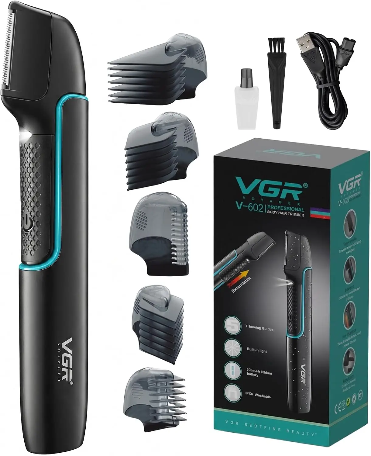 VGR 602 Body Hair Trimmer for Men with IPX6 Waterproof Design | 600mAh battery; 120min runtime; stainless steel blade; cleaning brush; charging cable; legs/underarms use