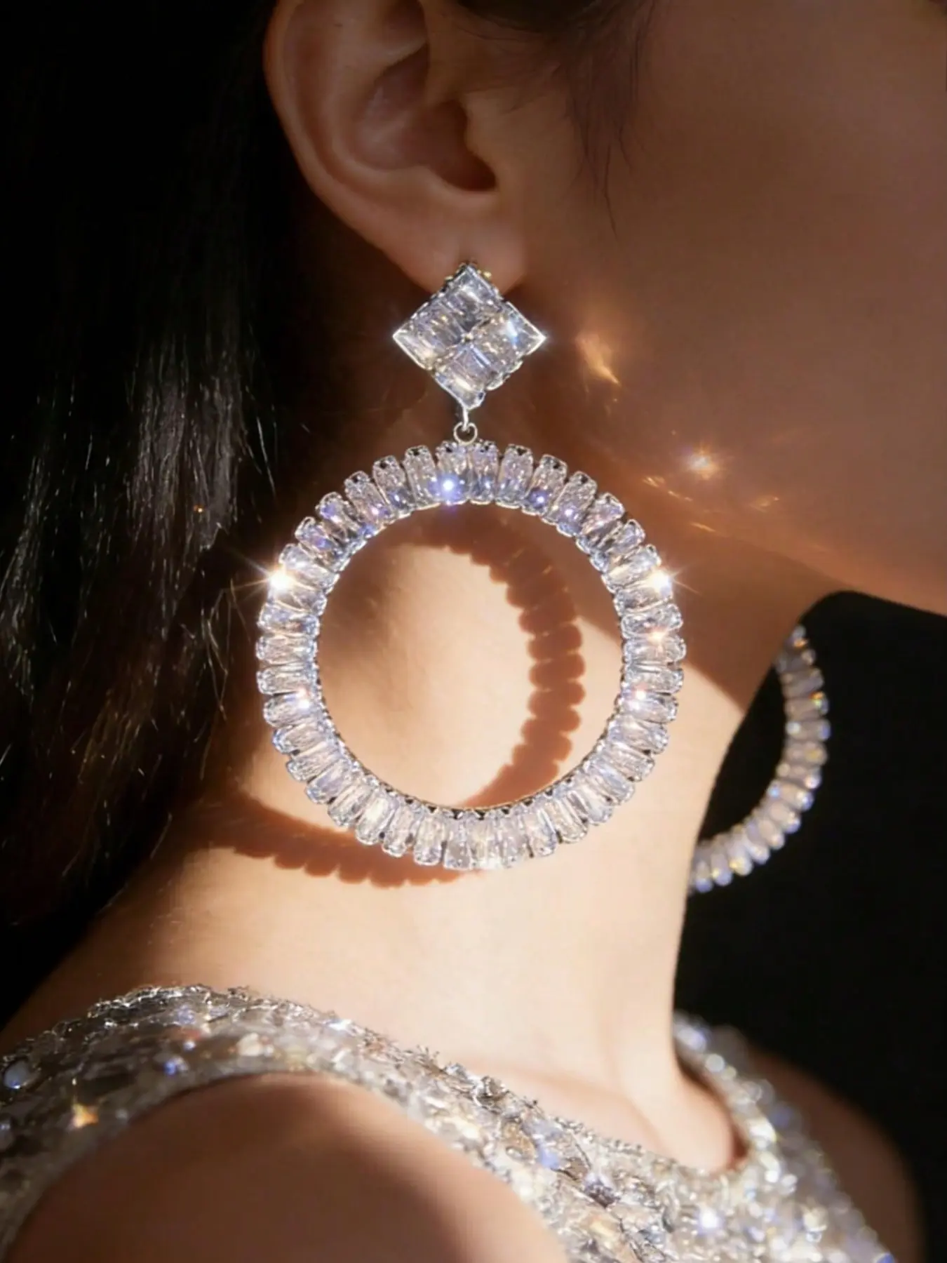 Luxury large circular crystal-inspired earrings, featuring stepped square-cut diamond facets, exuding radiant glamour perfect for red carpets, ideal for galas and weddings, Hoop Earrings
