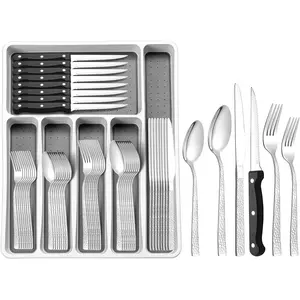 49Pcs Silverware Set with Organizer, Silver Stainless Steel Flatware Set for 8 Cutlery Utensil Sets with Steak Knives, Spoons and Forks Set, Dishwasher Safe