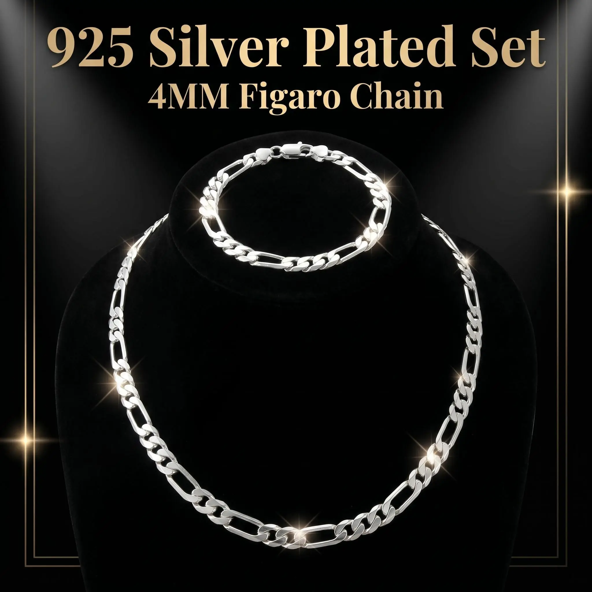 Figaro Chain Necklace & Bracelet Set, Unisex 4mm 925 Silver Plated, Hypoallergenic Non Tarnish Jewelry for Everyday Wear