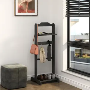 Clothes Valet Stand with Storage – Top Tray for Phone, Watch, Wallet, Keys. Lidded Compartment for Jewelry & Accessories. Black Finish. Perfect for Bedroom or Dressing Room