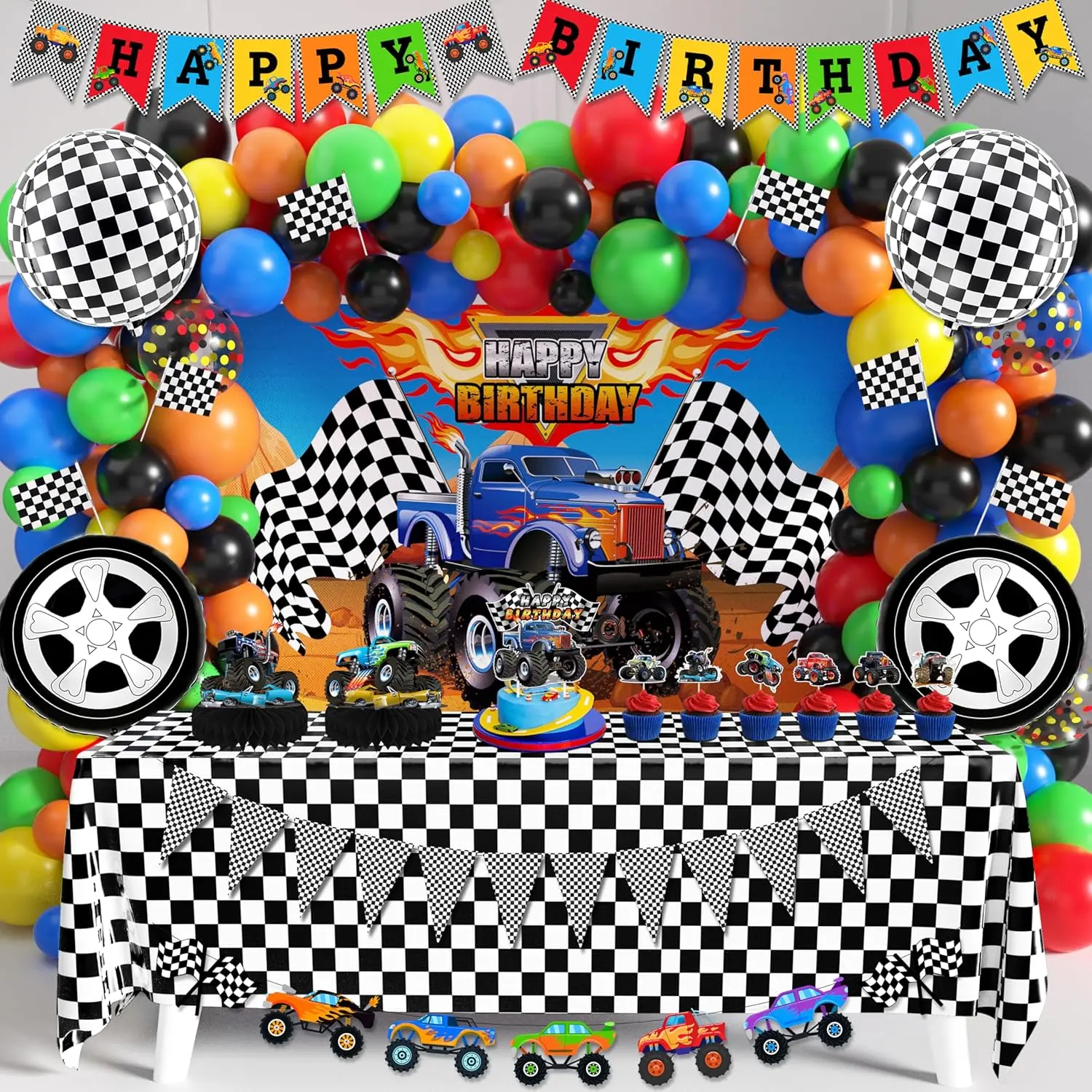P-PSD01 Truck Theme Birthday Party Decorations Set, 99 Pcs (Backdrop, Tablecloth, Banner, Triangle Bunting, Cake Toppers, Foil Balloons, Honeycomb Centerpieces, Flags, Balloon Garland Arch Kit) Aluminum Gifts