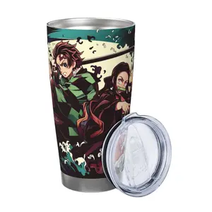 Demon Slayer Tanjiro and Nezuko Water Breathing 20oz Insulated Tumbler, Kimetsu no Yaiba Action Art Travel Mug, Stainless Steel Coffee Cup for Gaming Room and Home Office, Lid Included
