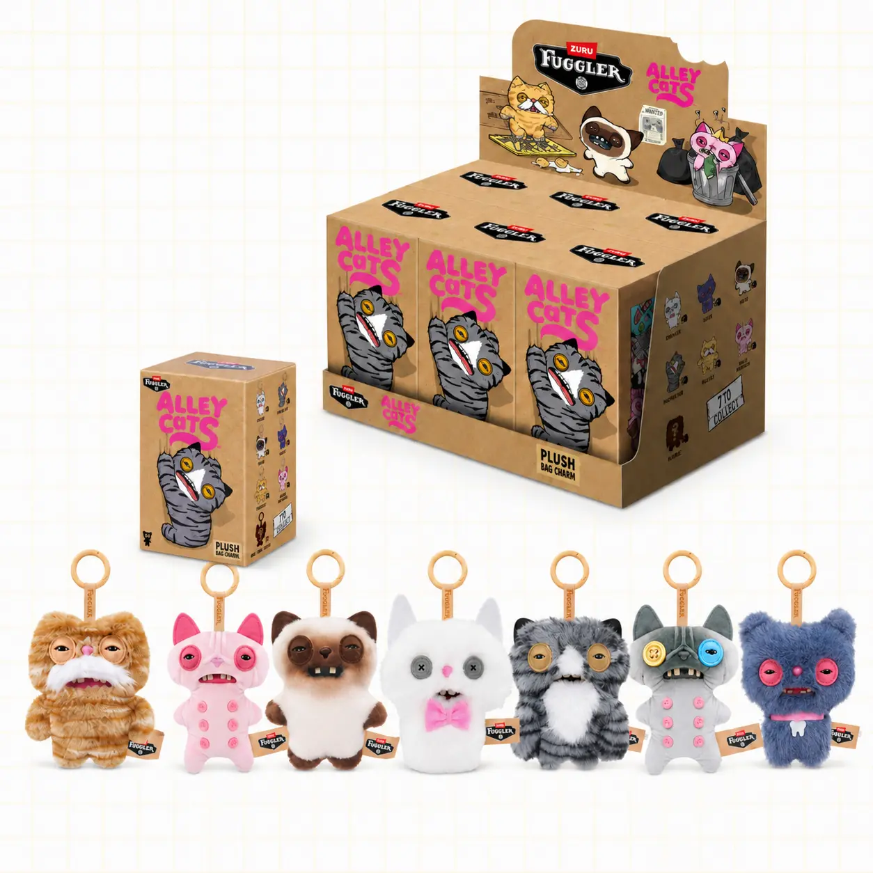 Strange Fuggler Alley Cat Plush Keychain - Funny Ugly-Cute Cat Key Charm with Human-Like Teeth, Blind Box Stuffed Toy for Backpacks, Collectible Gift Idea for Kids & Adults, Backpack Charm