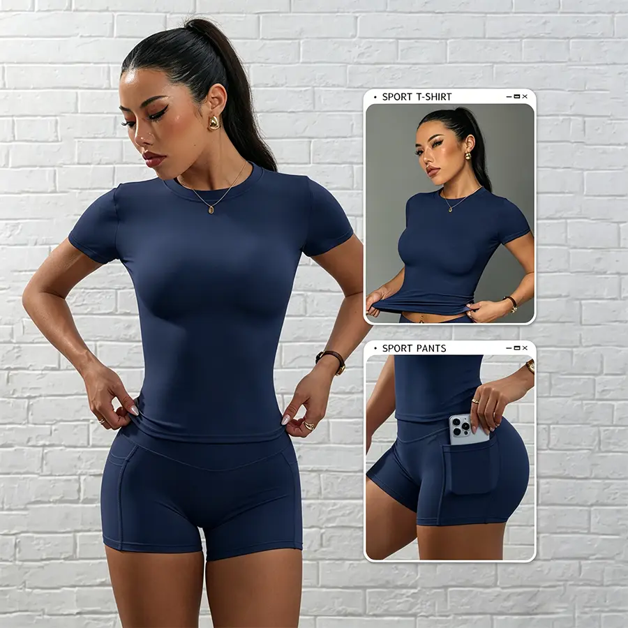 Women’s shaping fitness two-piece set: stretchy short-sleeve T-shirt + slim shorts. Moisture-wicking, quick-dry fabric; breathable four-way stretch activewear. Professional fitness set, versatile for everyday wear, with side pockets.