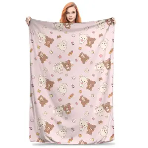 Kawaii Rilakkuma Knitted Flannel Throw Blanket - Figure Print Blanket, Cartoon-Printed Bedding Accessory, Soft Warm Summer AC Use, Whimsical Room Decor, Teen Room Decor, Bedroom Gift