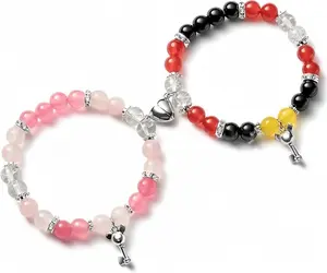 Disney Minnie and Mickey Couple Bracelets - Pink & Black Beaded Design with Heart Charms for Couples