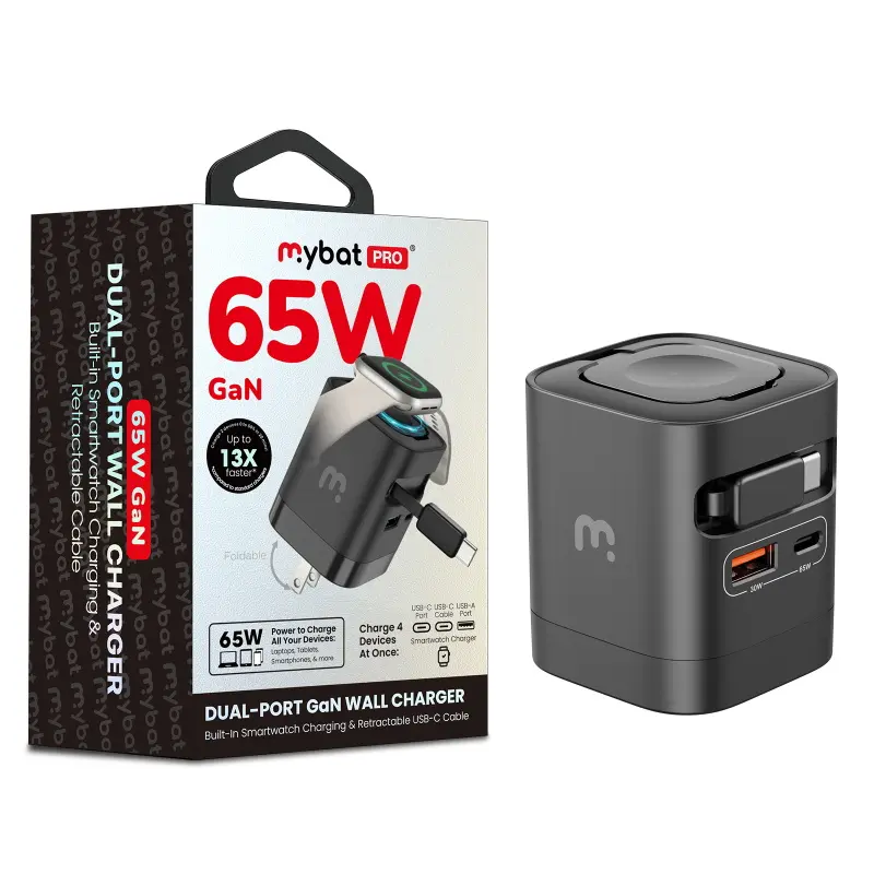 MyBat Pro 65W Dual-Port GaN Wall Charger Adapter - Built-In Smartwatch Charging, Retractable USB-C Cable - Portable, Fast, Quick Charge Dual USB-C Chargers for Device Powering, Portable Chargers