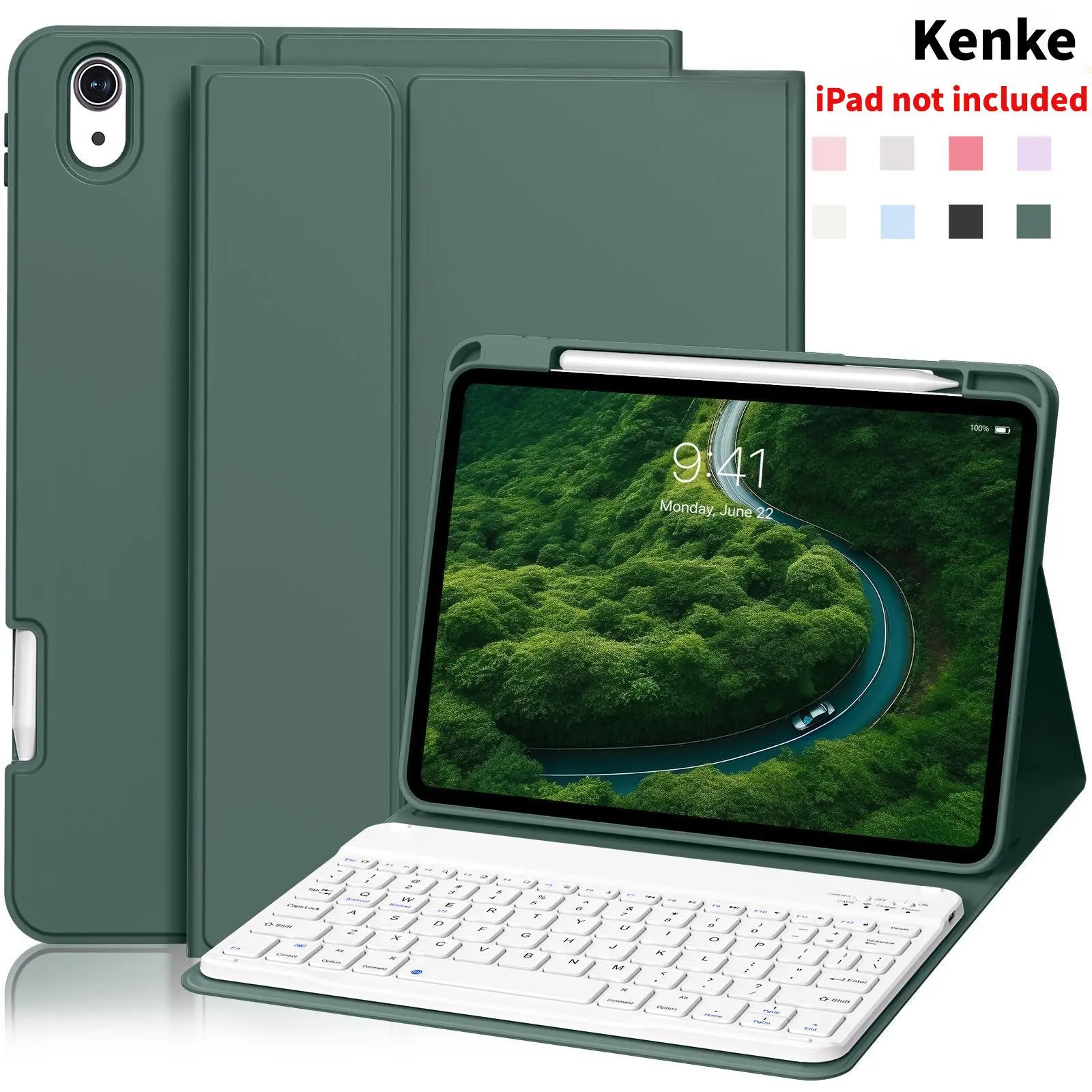 Kenke Bluetooth Keyboard Tablet Case with Pencil Holder - Magnetic Computer Accessory, Multi-Angle Stand, Handheld Protection, Mobile Cells Casing Compatible with iPad 7th/8th/9th/10th/11th Gen, A16 Model, iPad Air 11-13 in, Accessories, Keyboard + Pen
