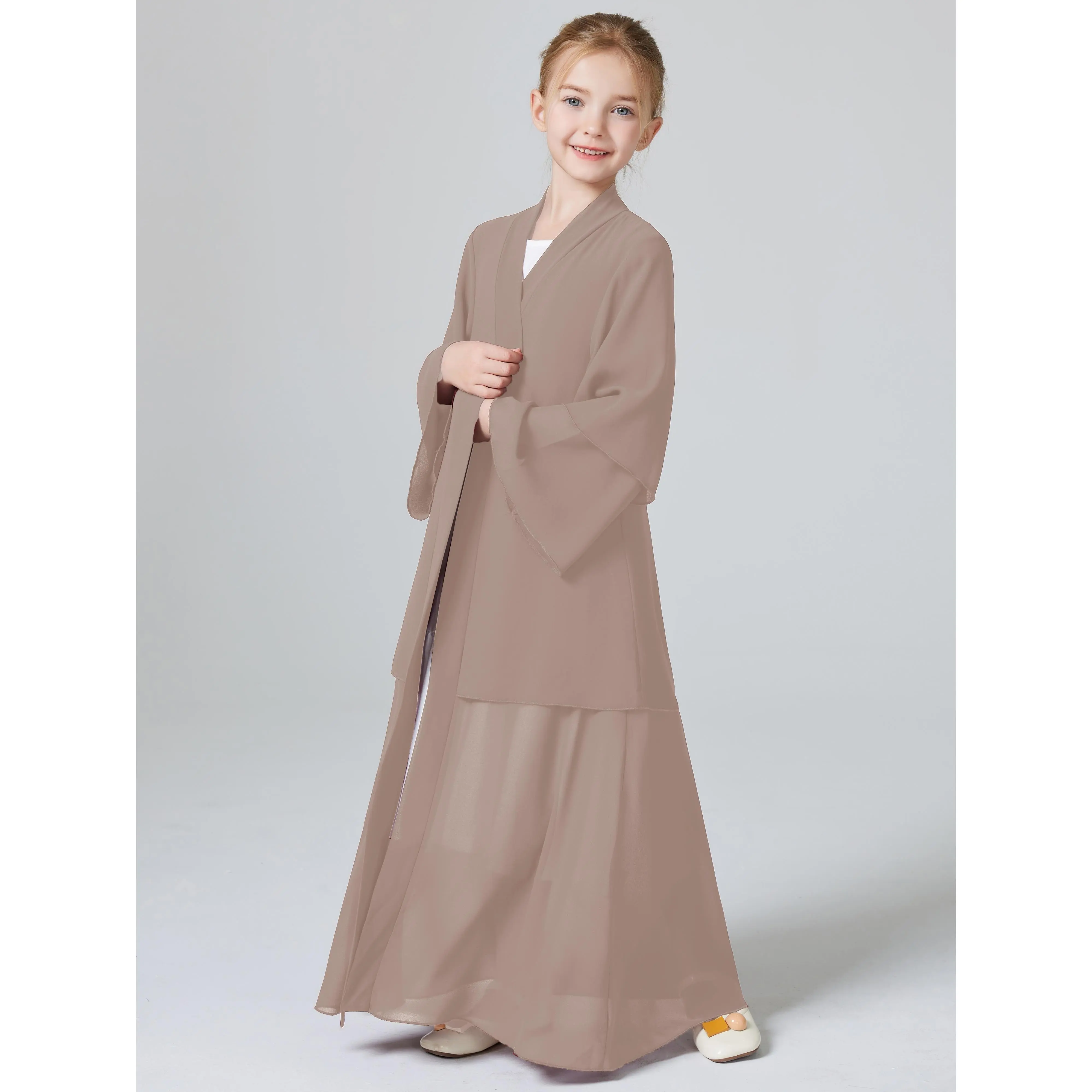1pc Girls' Elegant Maroon Chiffon Abaya Dress - V-Neck, Long Sleeve, Maxi Length, Two-Layer Polyester - Traditional Muslim Kaftan for Prayer & Formal Occasions (Headscarf Not Included), Gift for Eld, Gift for Ramadan