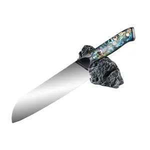 Premium Abalone Shell Handle Culinary Tool - Professional Stainless Steel Kitchen Chopping Implement with Aesthetic Blade Block