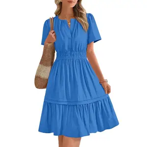 Women’s casual V-neck dress, Spring/Summer 2026, short sleeves, smocked waist, A-line layered mini dress GARMENTARY