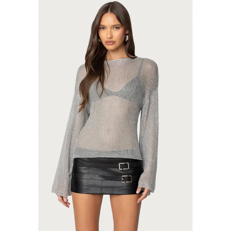 Drop Shoulder Sheer Knit Sweater - TikTok Shop